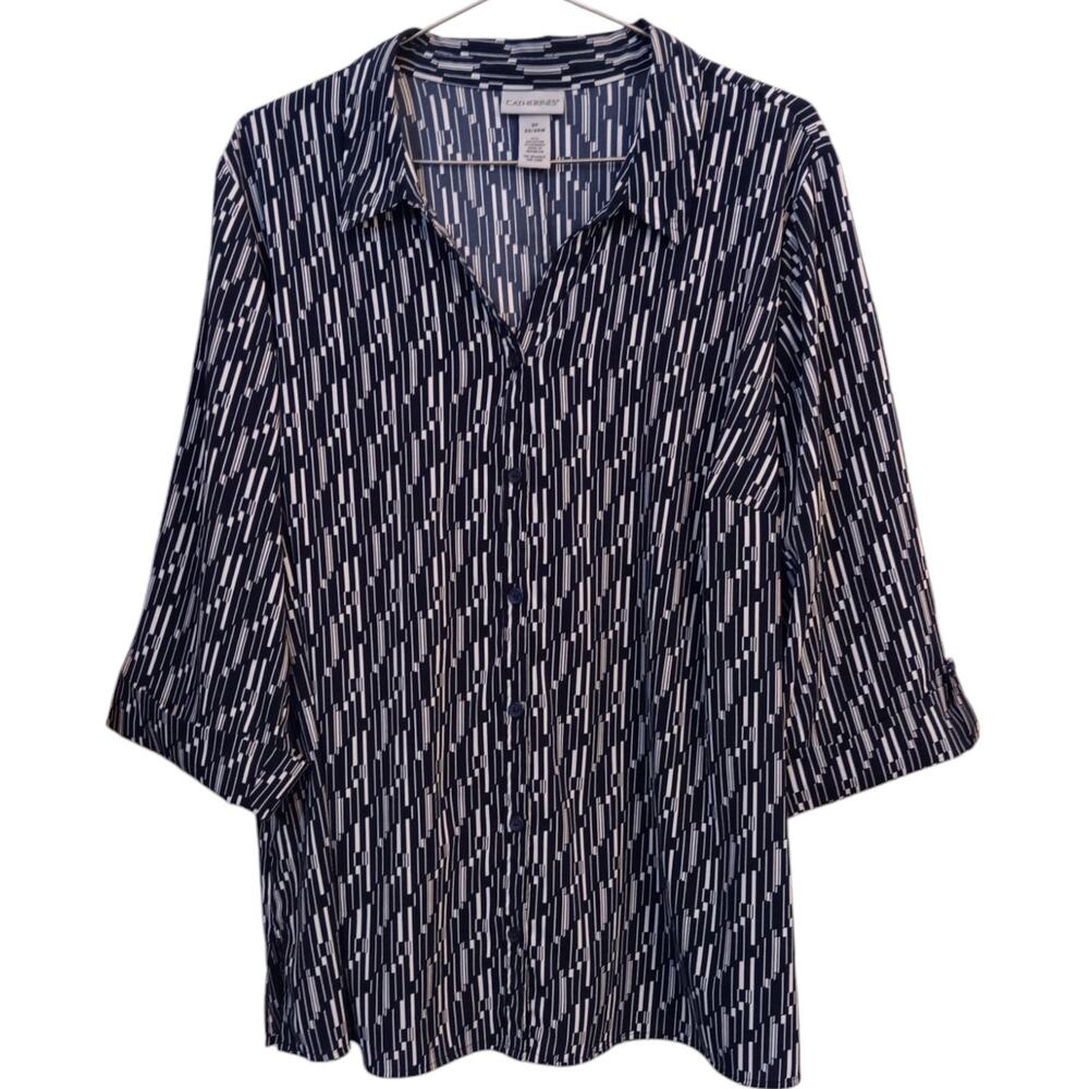 CATHERINES Blouse Top 2X 22/24 Short Sleeves Casual Work Office Flowy‎ Navy Blue